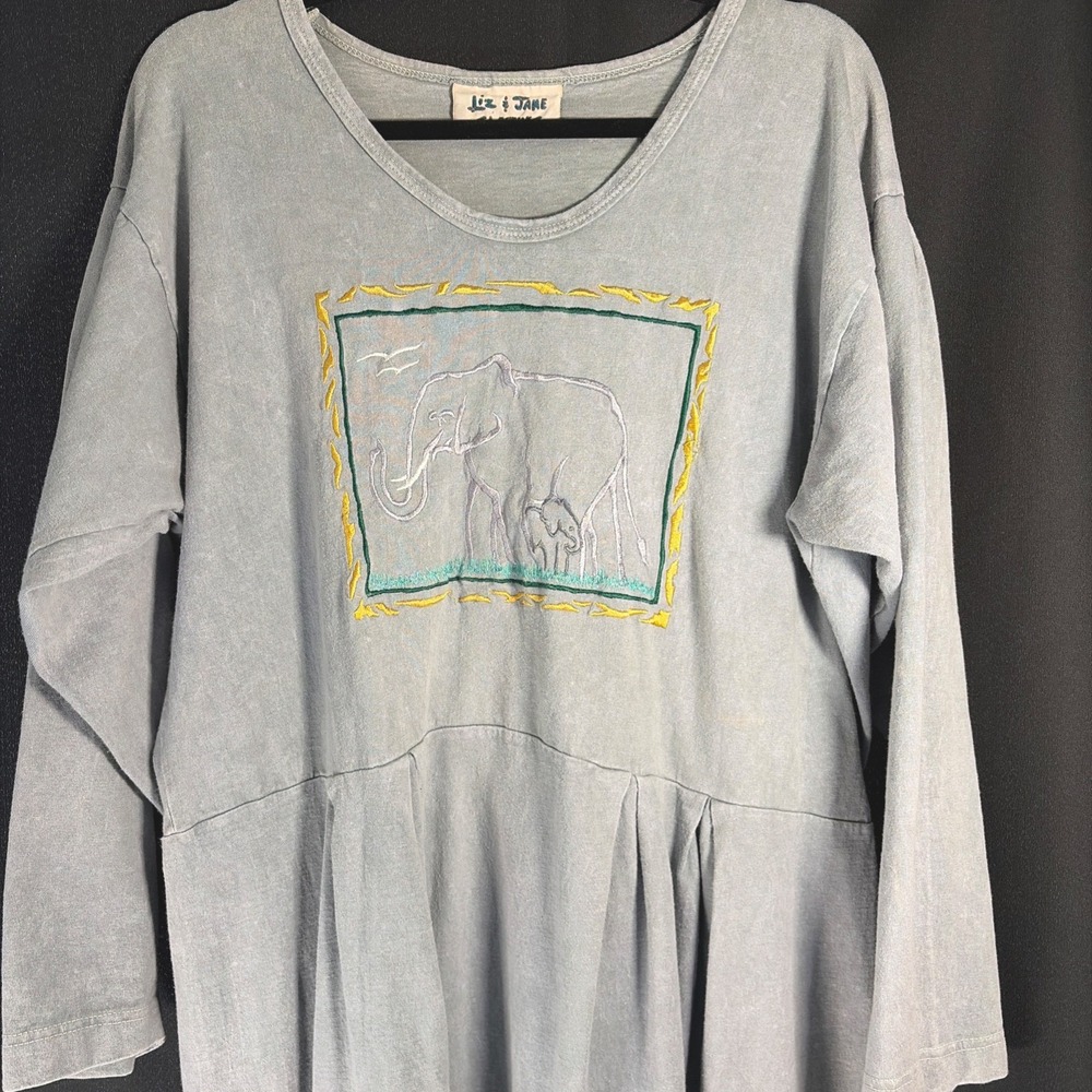 Vintage‎ Liz & Jane Long Sleeve Dress OS Embroidered Elephant Cotton Peasant